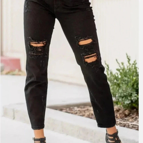 Judy Blue Denim Jeans Distressed Boyfriend Fit Ripped Knee Raw Hem Black Size 30 - Picture 1 of 10